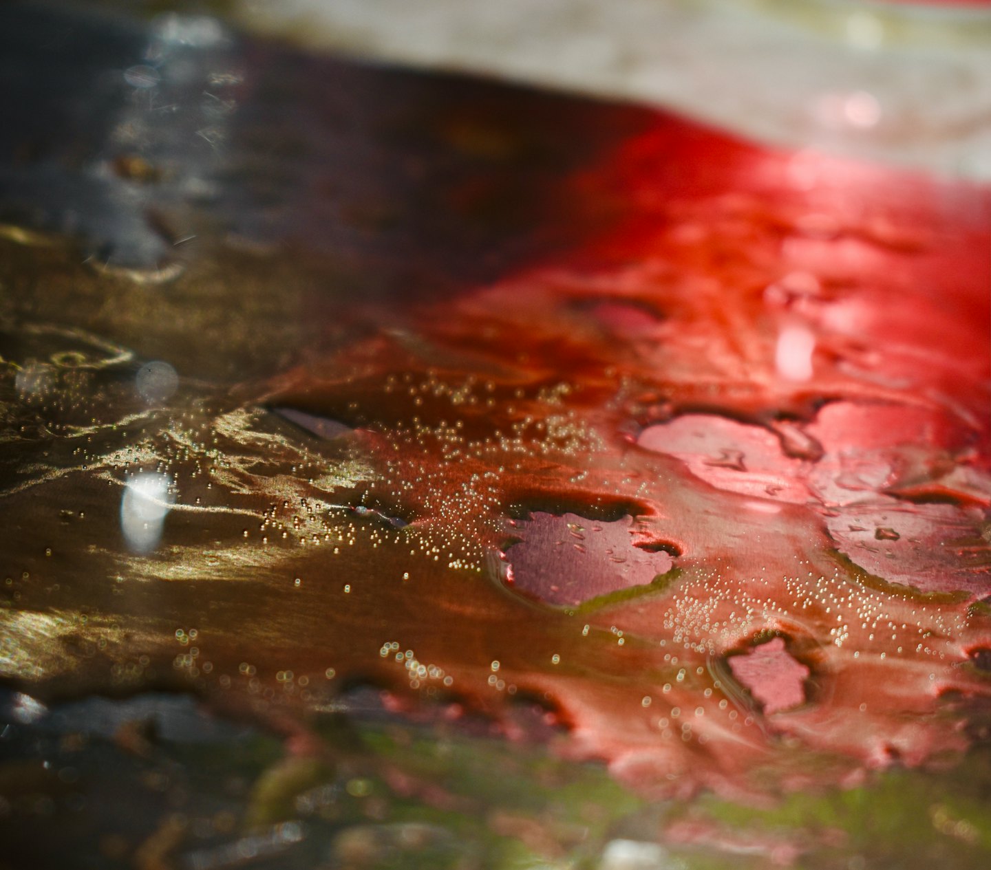 Líquido espeso y oscuro con remolinos rojos y verdes y burbujas blancas.