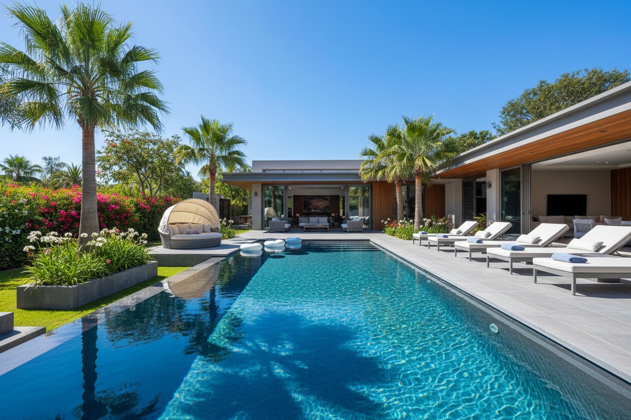 Una piscina rectangular al aire libre rodeada de tumbonas, palmeras y una terraza moderna con grandes ventanales.