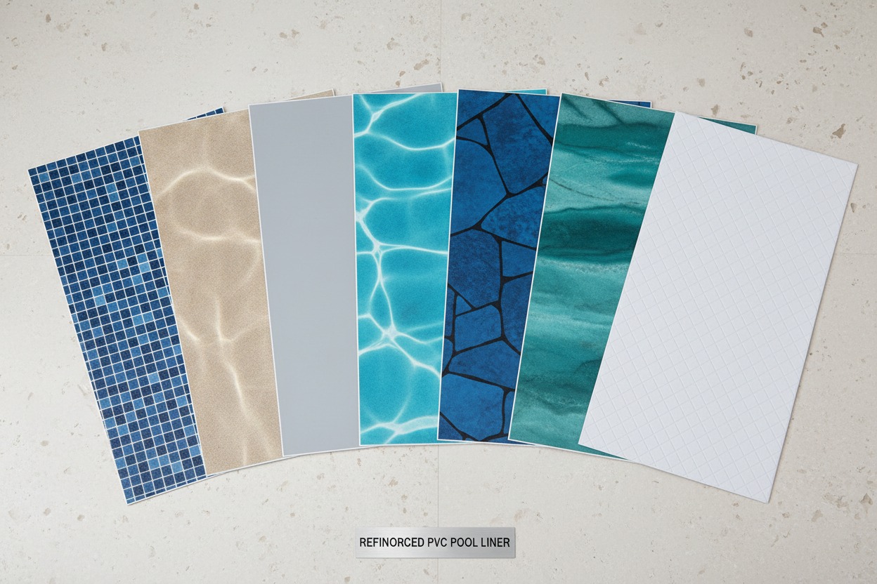 Muestras rectangulares de revestimientos de PVC para piscinas con diferentes diseños y colores dispuestos en abanico sobre una superficie clara.
