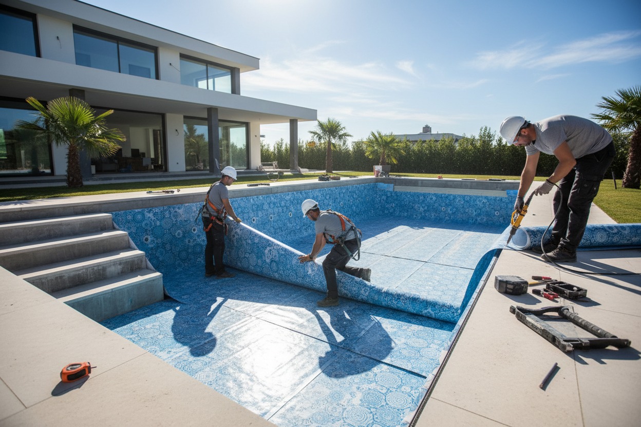 Tres operarios con casco y arnés instalan el revestimiento azul estampado en el fondo de una piscina vacía frente a una casa moderna.